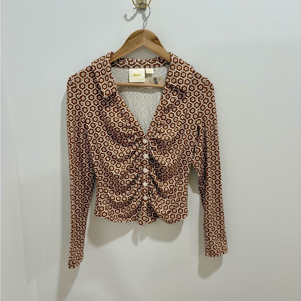 Anthropologie Brown and Cream Geometric Ruched Button-Down Top NWT medium